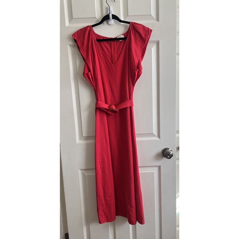 ANN TAYLOR LOFT 2024 Cherry Red Linen Blend Belted Flutter Sleeve Midi Dress 10 - Picture 12 of 14